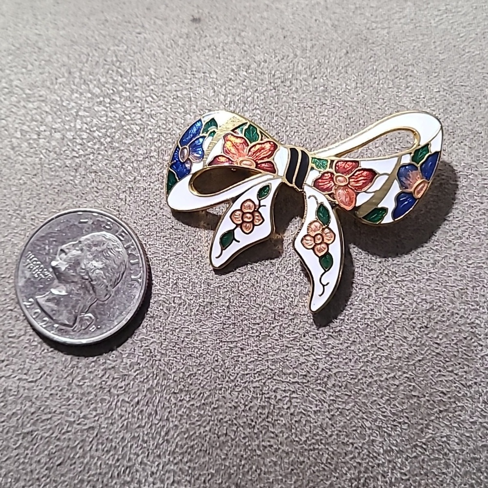 Vintage 1980's Gold Tone Cloisonne Bow Brooch Floral Enamel - Picture 3 of 11